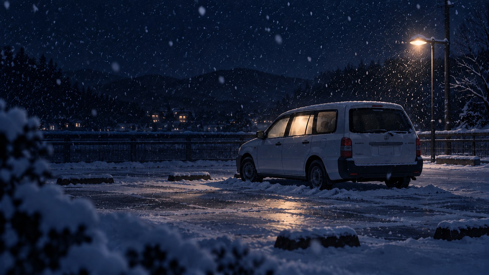 冬の車中泊の夜。雪が降る駐車場に一台だけ停まっている車で、車内にだけ小さな灯りがともっている