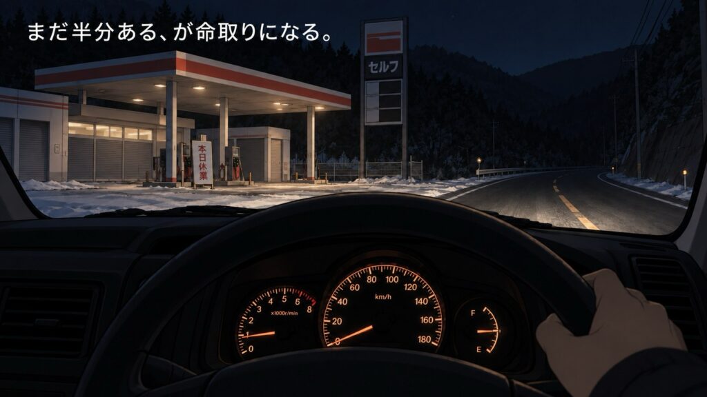 夜の雪の山道で「本日休業」の札が出て閉まっているセルフのガソリンスタンドを、燃料計が半分を指している運転席から見た様子