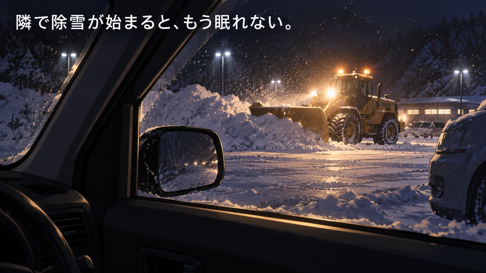 夜の雪の駐車場で作業灯を点けて除雪する除雪車を、車内から窓越しに見た様子