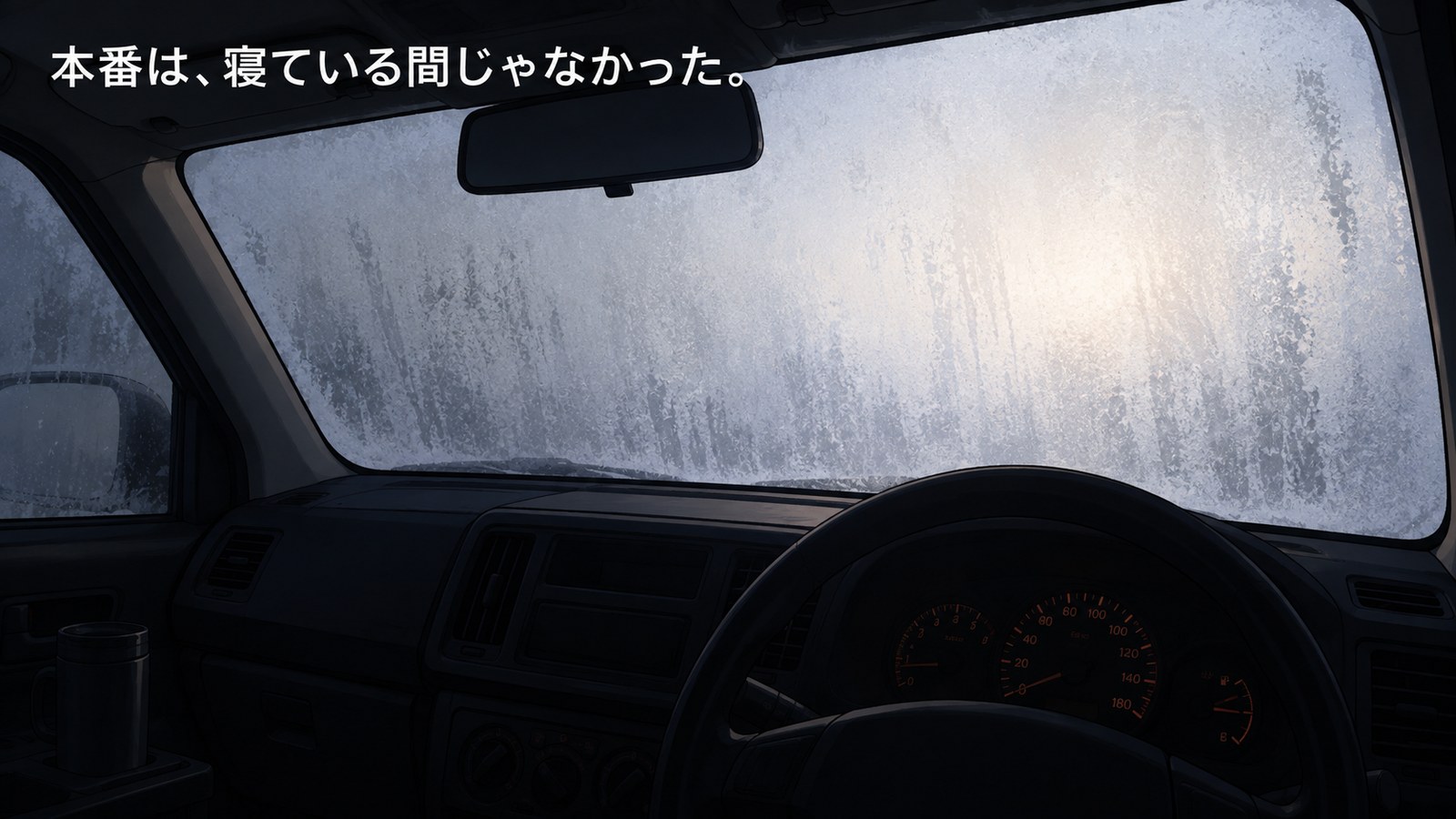 朝の車内から見た、内側が白く凍りついて外が見えないフロントガラス