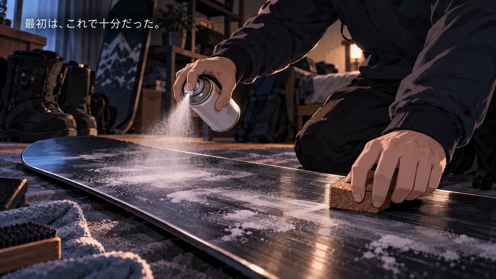 自宅の部屋で、床に置いたスノーボードの滑走面にスプレーワックスを吹きかけ、コルクで伸ばしている男性の手元