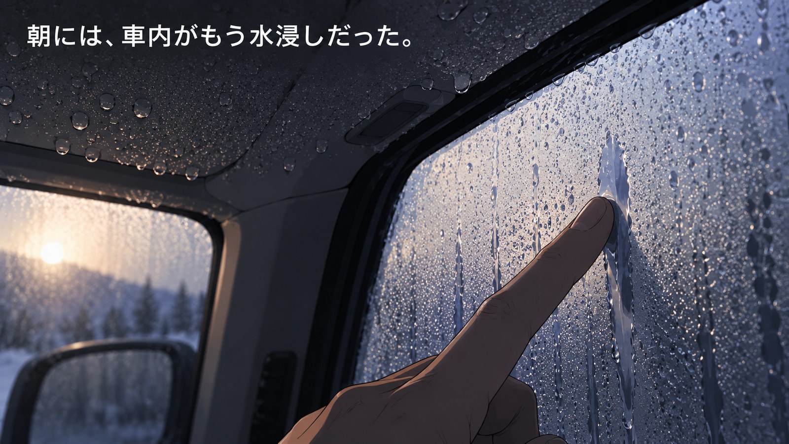 車内の窓の内側と天井に付いた結露の水滴を、指で触れている様子