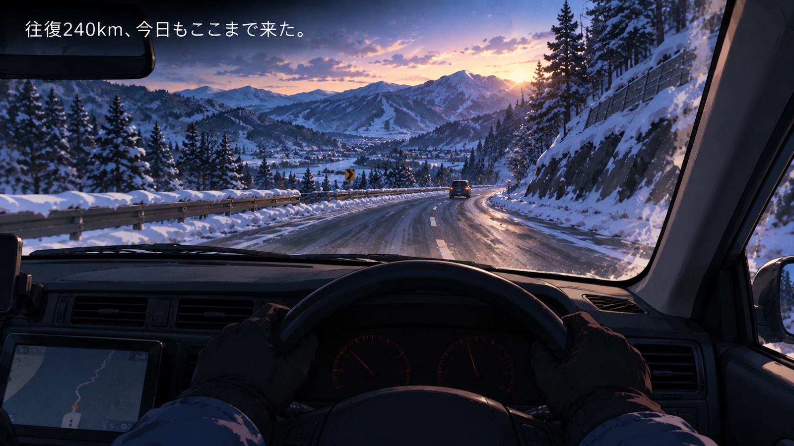 雪山へ向かう下道を走る車の運転席からの視点。フロントガラス越しに雪をかぶった山道が続く