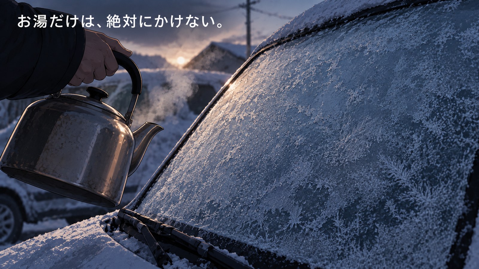 凍りついたフロントガラスの前で、湯気の立つやかんを持った手が止まっている様子