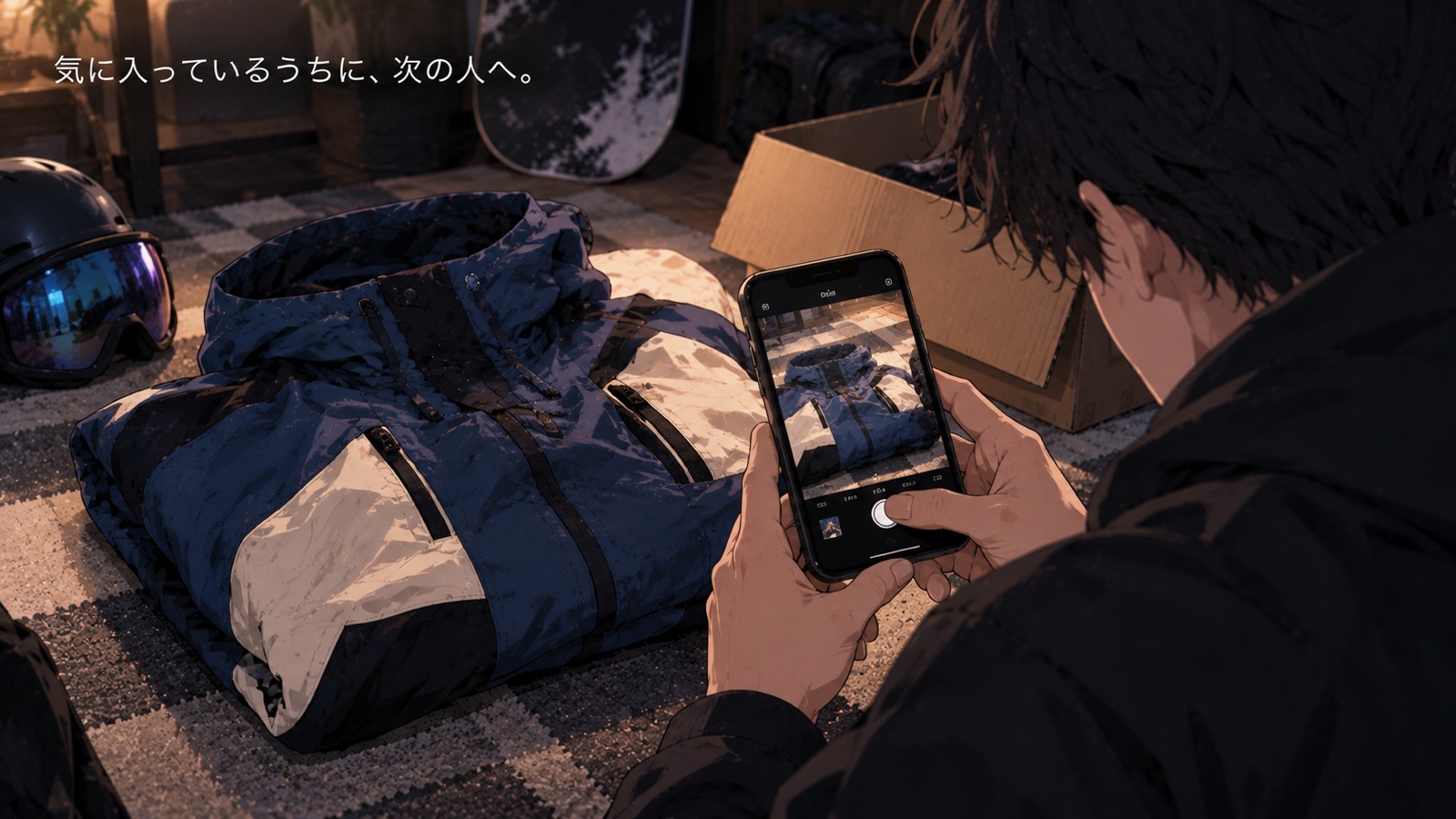 部屋の中で、スキーウェアをたたんでスマートフォンで撮影している男性の手元。画面にウェアの写真が映っている