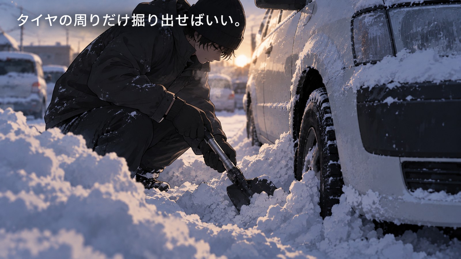 雪に埋まった車のタイヤの周りを、組み立て式スコップで掘り出している様子