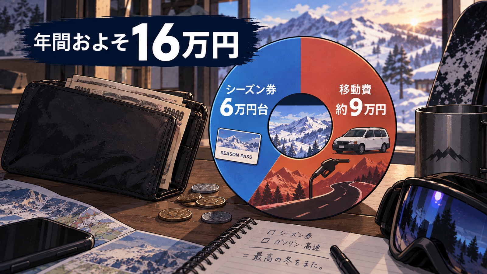 シーズン券6万円台と移動費約9万円の内訳を示す円グラフ。合計で年間およそ16万円の維持費になる