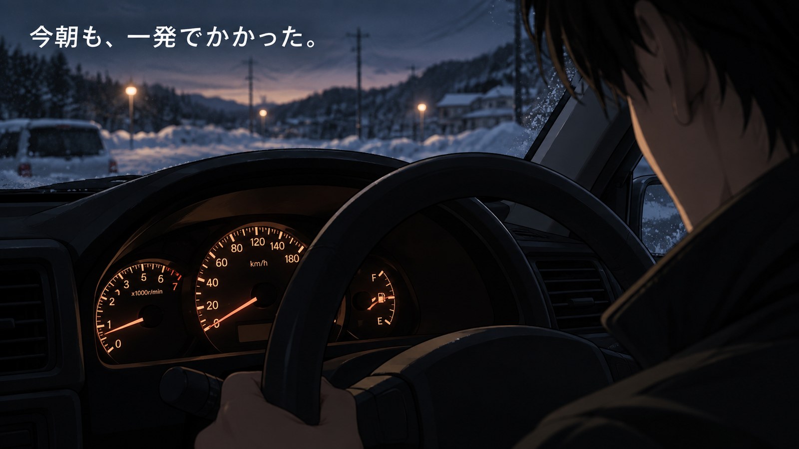 冬の朝の運転席でメーターが点灯し、エンジンがかかった状態