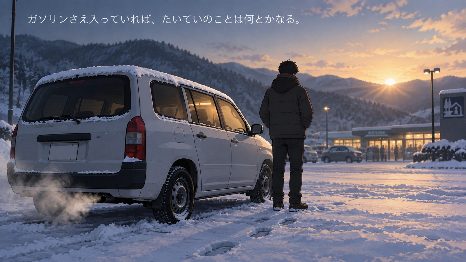 夜明けの雪の道の駅で、マフラーから白い湯気を出しているプロボックスのそばに立ち、朝日の方を見ている運転手の後ろ姿