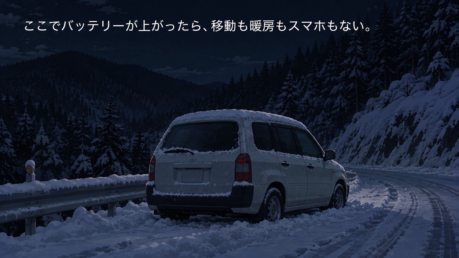 深夜の雪の山道の路肩に一台だけ停まっている車。灯りは消えていて周りに人家も街灯もない