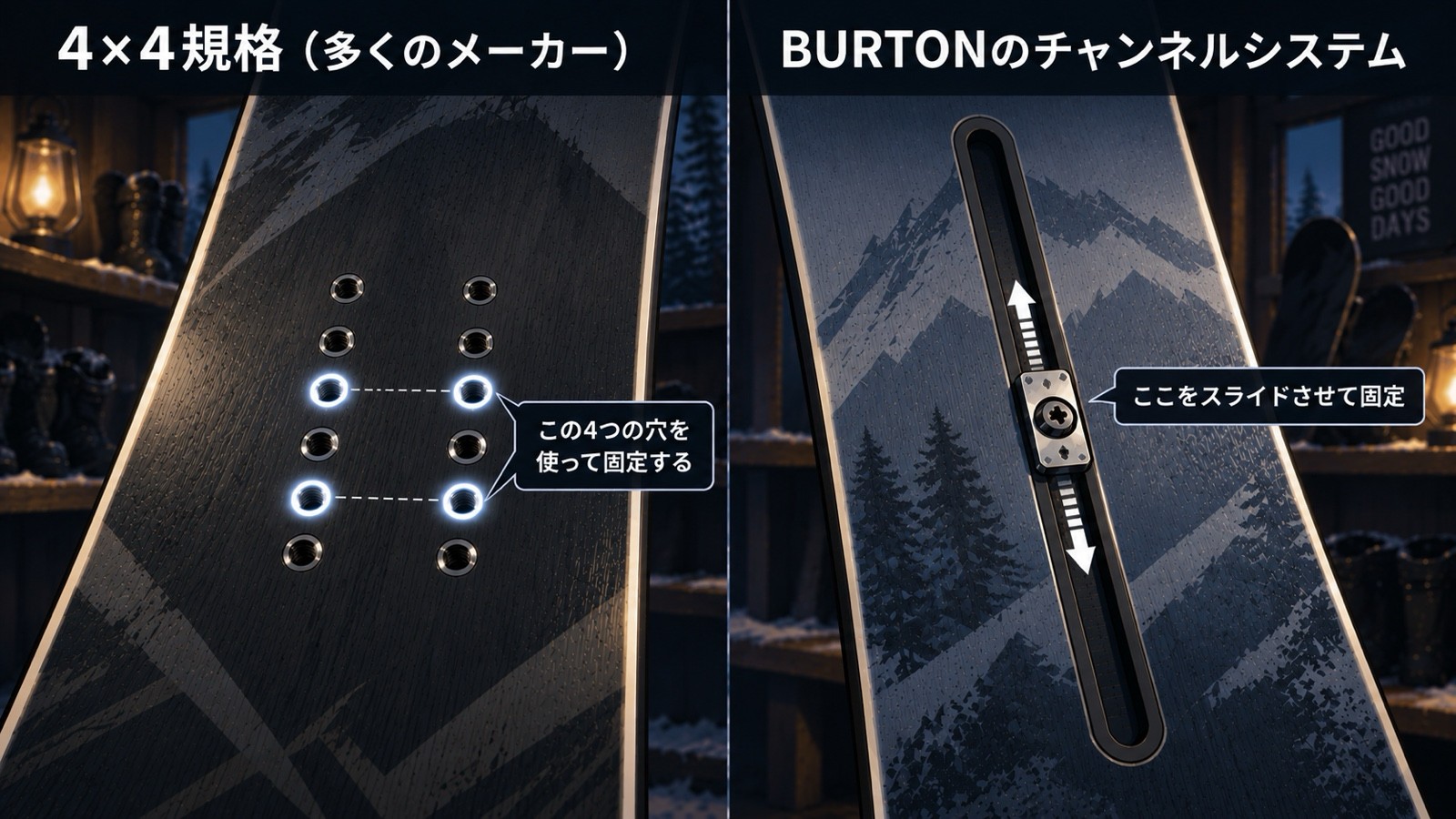 4×4規格とBURTONチャンネルシステムの比較図解。4×4規格は板裏に並ぶ複数のネジ穴から4つを選んでディスクを固定する仕組み、BURTONのチャンネルシステムは板の溝に金具をスライドさせて固定する仕組み