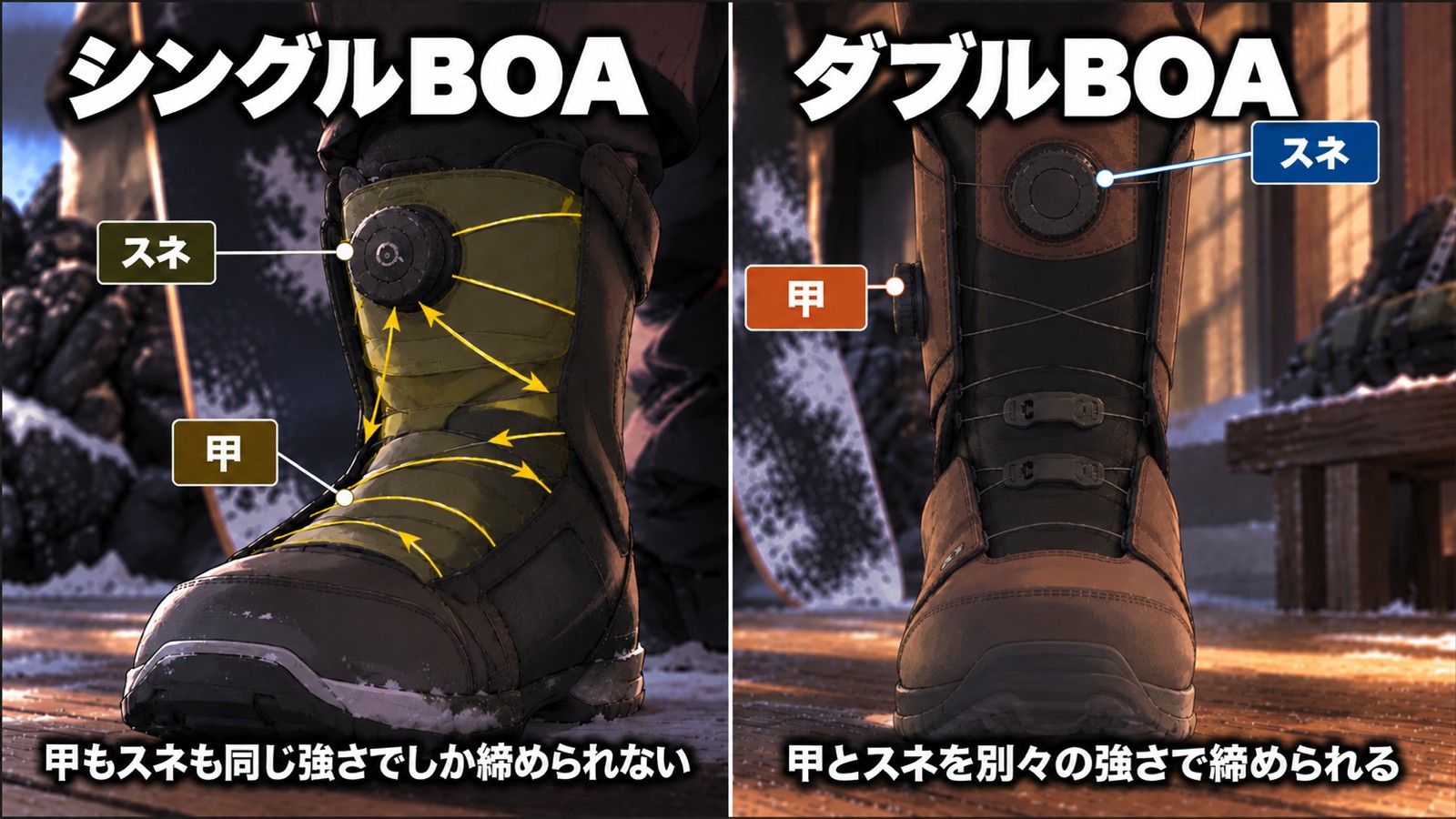 シングルBOAとダブルBOAの比較図解。左はシングルBOAで1つのダイヤルが甲とスネ両方を同じ強さで締める仕組み、右はダブルBOAで甲用・スネ用の2つのダイヤルが別々の強さで締められる仕組み
