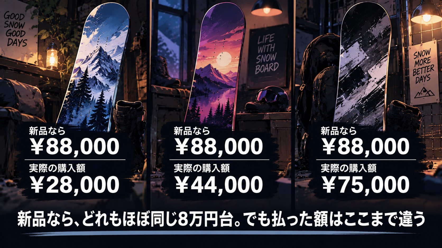 スノーボード板の新品定価と実際の購入額を比較したイラスト。3枚とも新品なら約88,000円だが、実際の購入額は28,000円・44,000円・75,000円とそれぞれ異なる