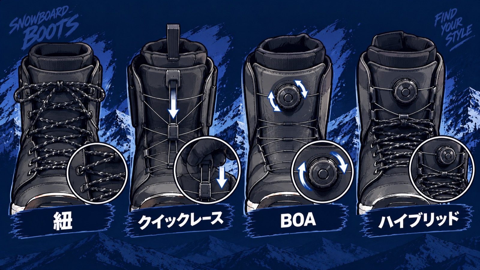 スノーボードブーツのレーシング方式4種類(紐・クイックレース・BOA・ハイブリッド)を並べた比較図