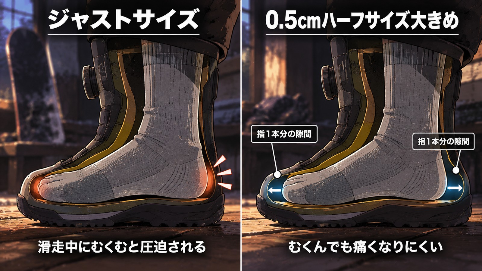 スノボ初心者のブーツサイズ比較図解。左はジャストサイズで滑走中にむくむと足のつま先とかかとが圧迫される様子、右は0.5cmハーフサイズ大きめでむくんでも指1本分の隙間があり痛くなりにくい様子
