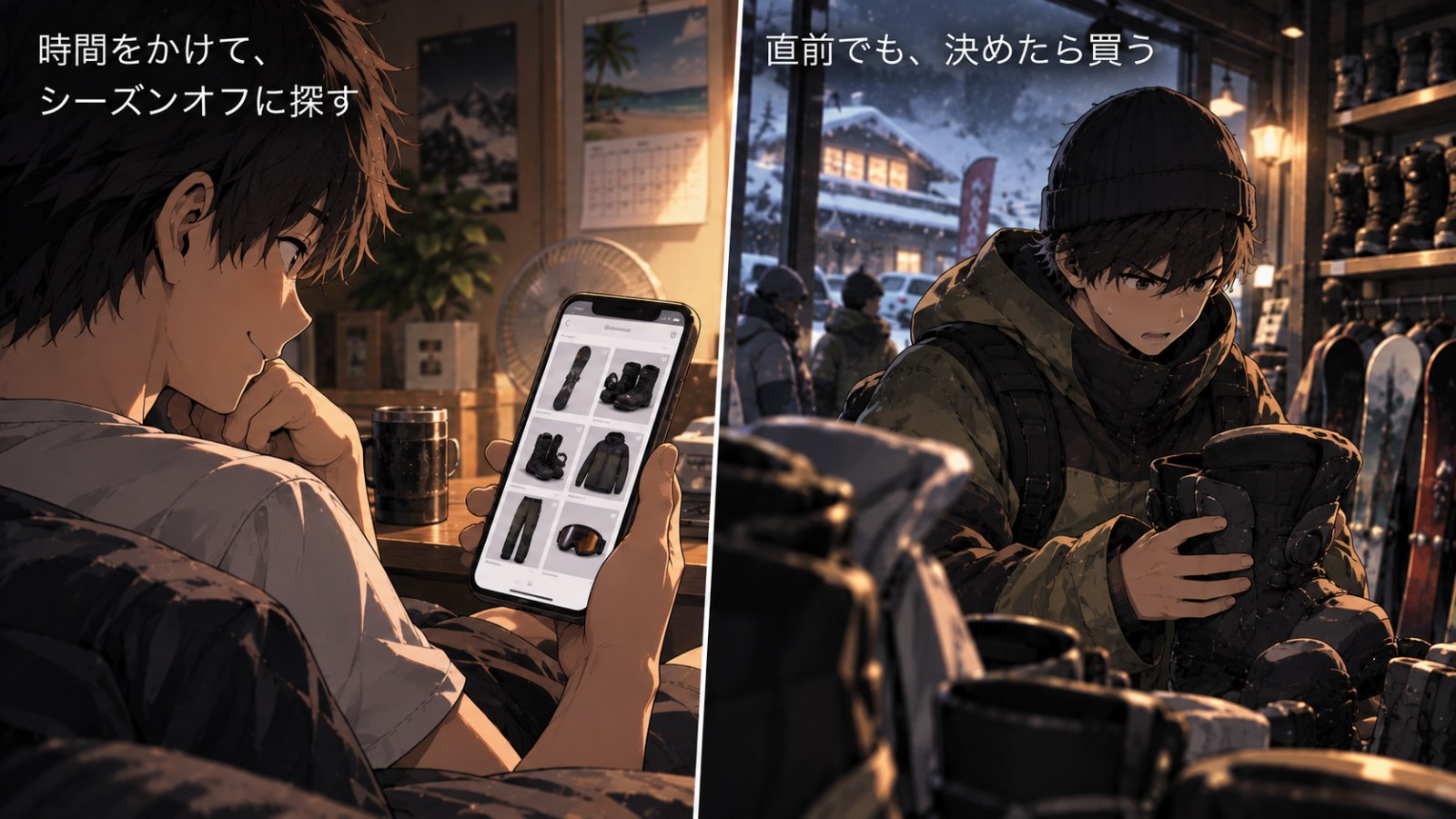 シーズンオフに時間をかけてスマホでメルカリの道具を探す場面と、シーズン直前に店舗で道具を選んで買う場面の対比