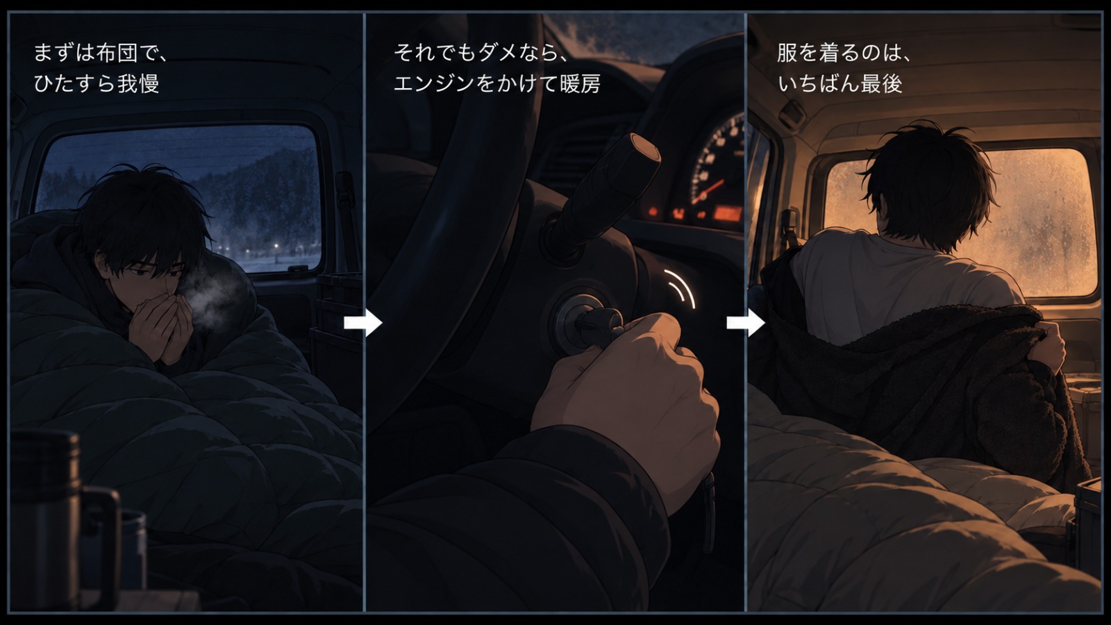 夜中に寒くて目が覚めた時の行動を3コマで示したイラスト。布団で我慢する→車の鍵でエンジンをかけて暖房を入れる→服を着るのは最後、の順番