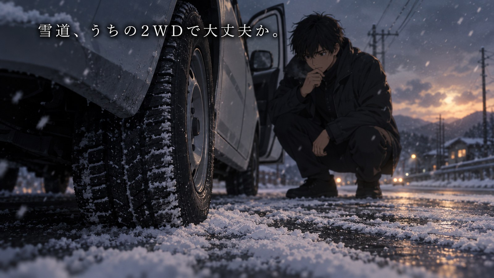 雪がちらつく夕方の路肩で、雪の積もったタイヤの脇にしゃがみ込み不安そうにタイヤを見つめる男性のイラスト。「雪道、うちの2WDで大丈夫か。」というナレーション付き