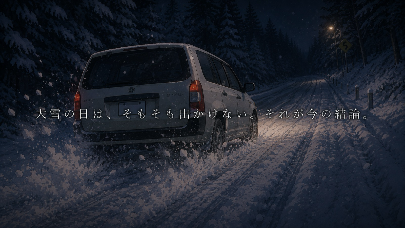 雪道の坂を安定して走行する車の後ろ姿のイラスト