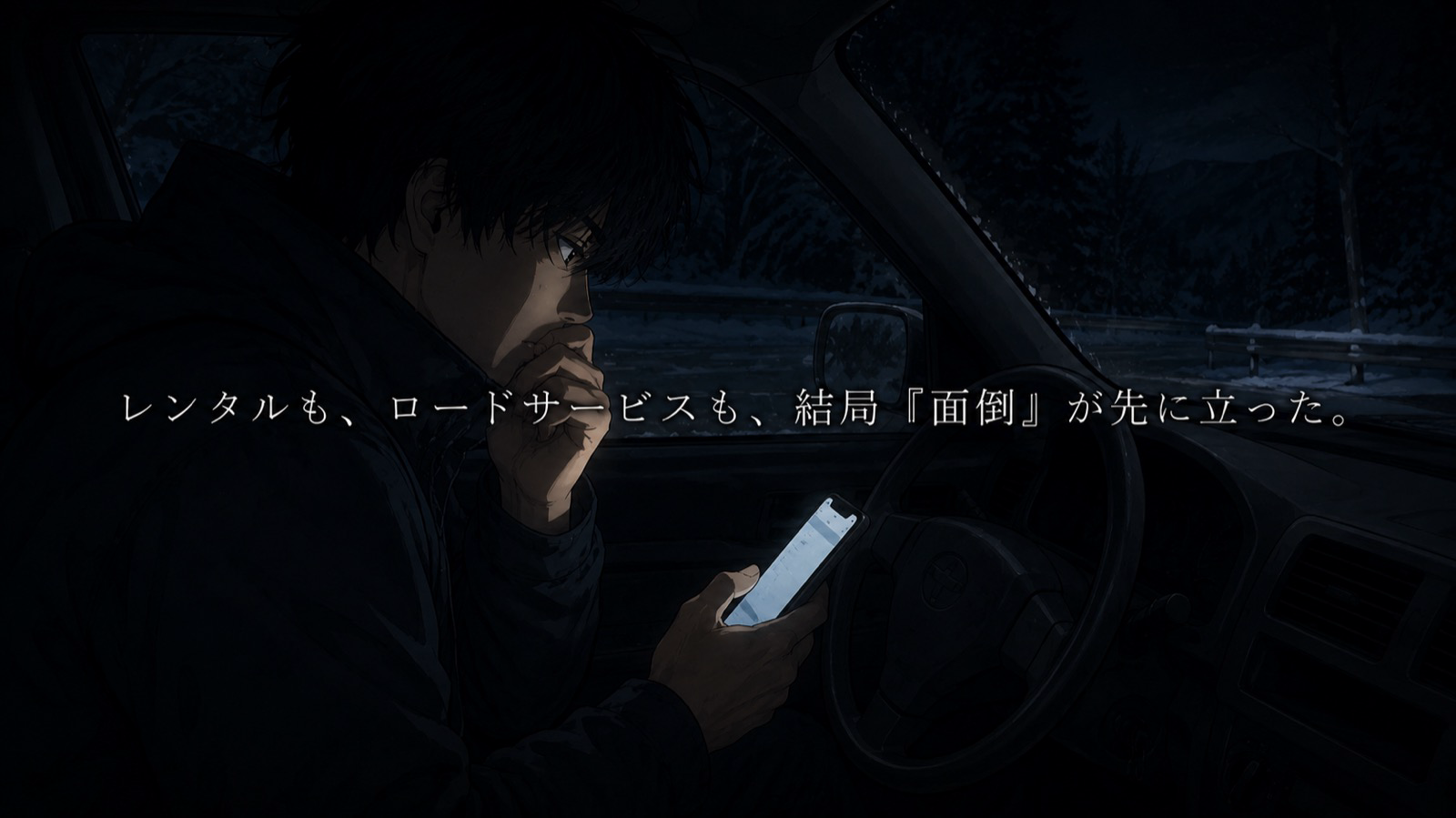 夜、車の運転席でスマホを見ながら考え込む男性のイラスト