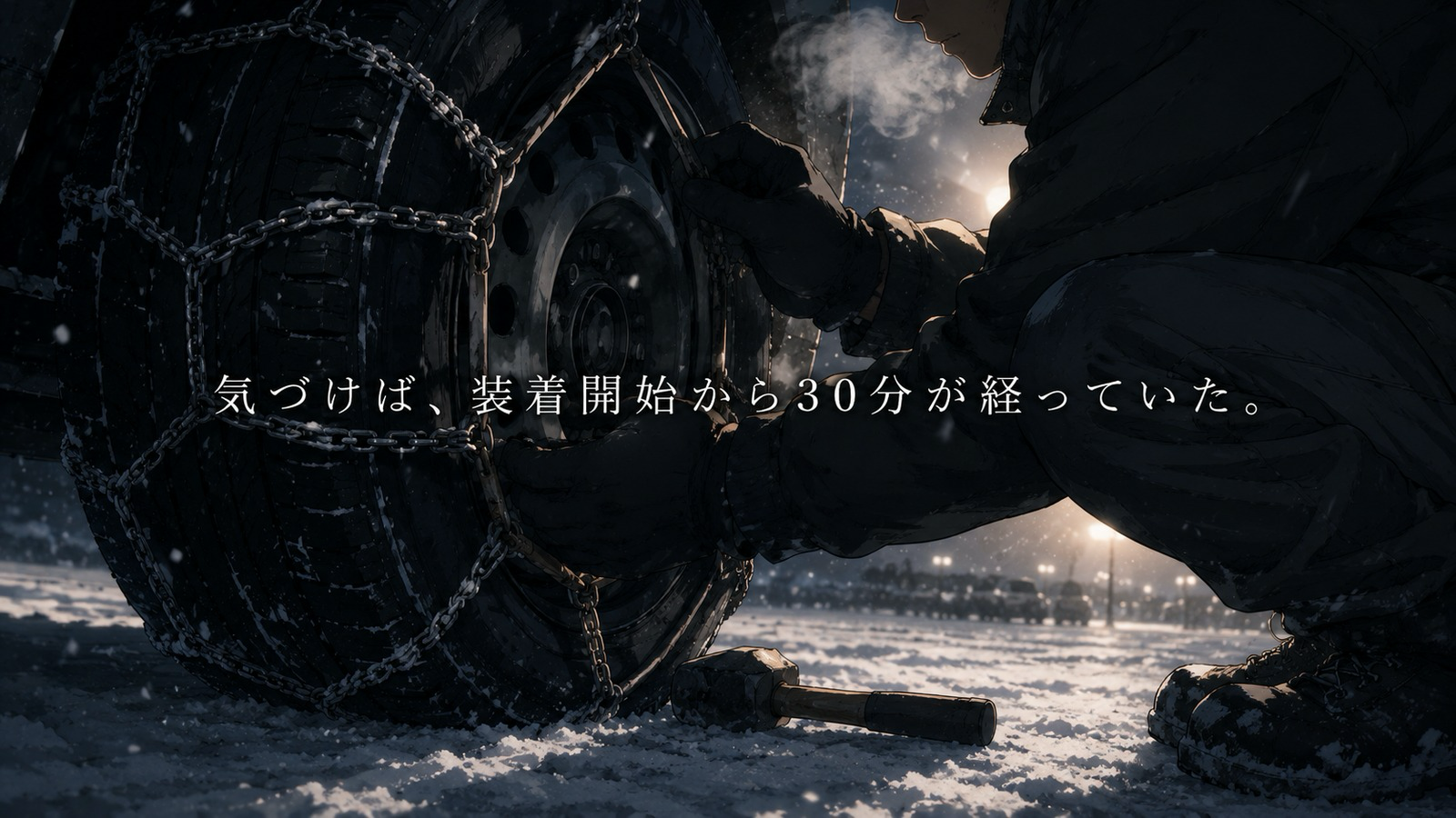 夜、雪の積もったスキー場駐車場付近でタイヤに金属チェーンを巻き付ける手元のクローズアップ。タイヤの前にはハンマーが車止め代わりに置かれ、息が白く見える。奥からヘッドライトの光が差し込んでいる