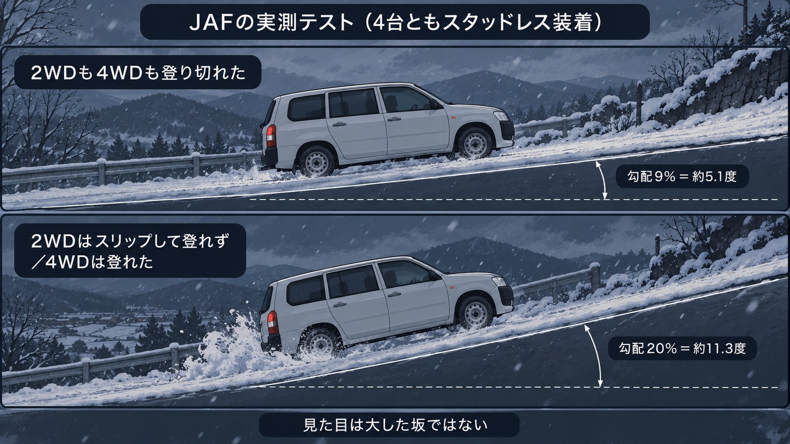 雪の坂を横から見た図解。上段は勾配9％（約5.1度）で車が普通に登り、下段は勾配20％（約11.3度）で車が後輪を空転させて登れずにいる様子