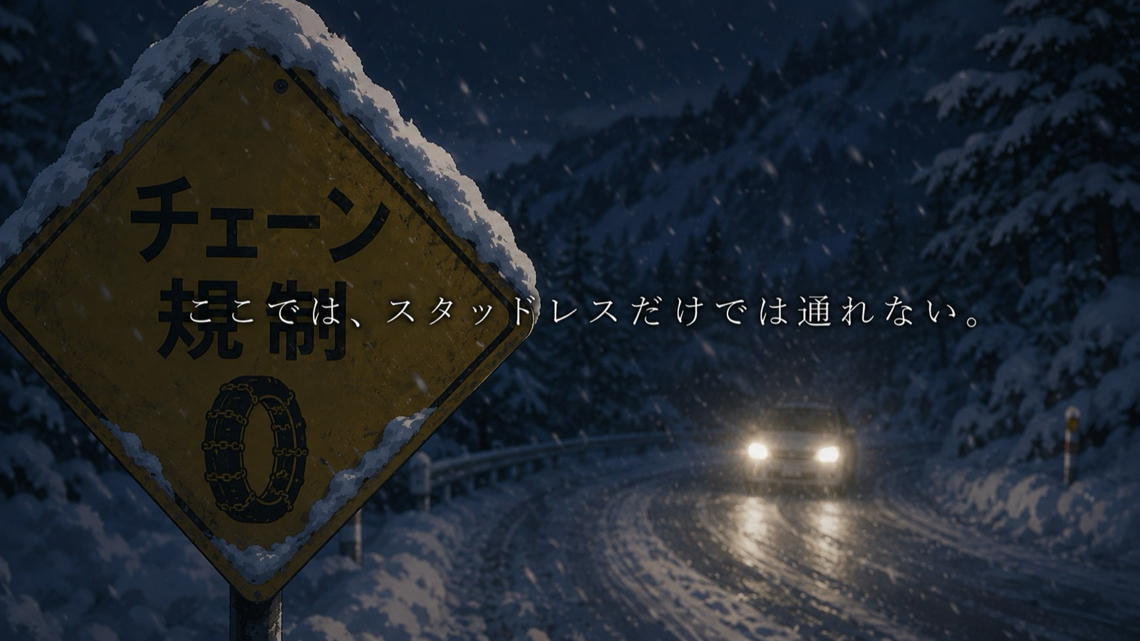 雪道の峠に立つ「チェーン規制」の道路標識のイラスト