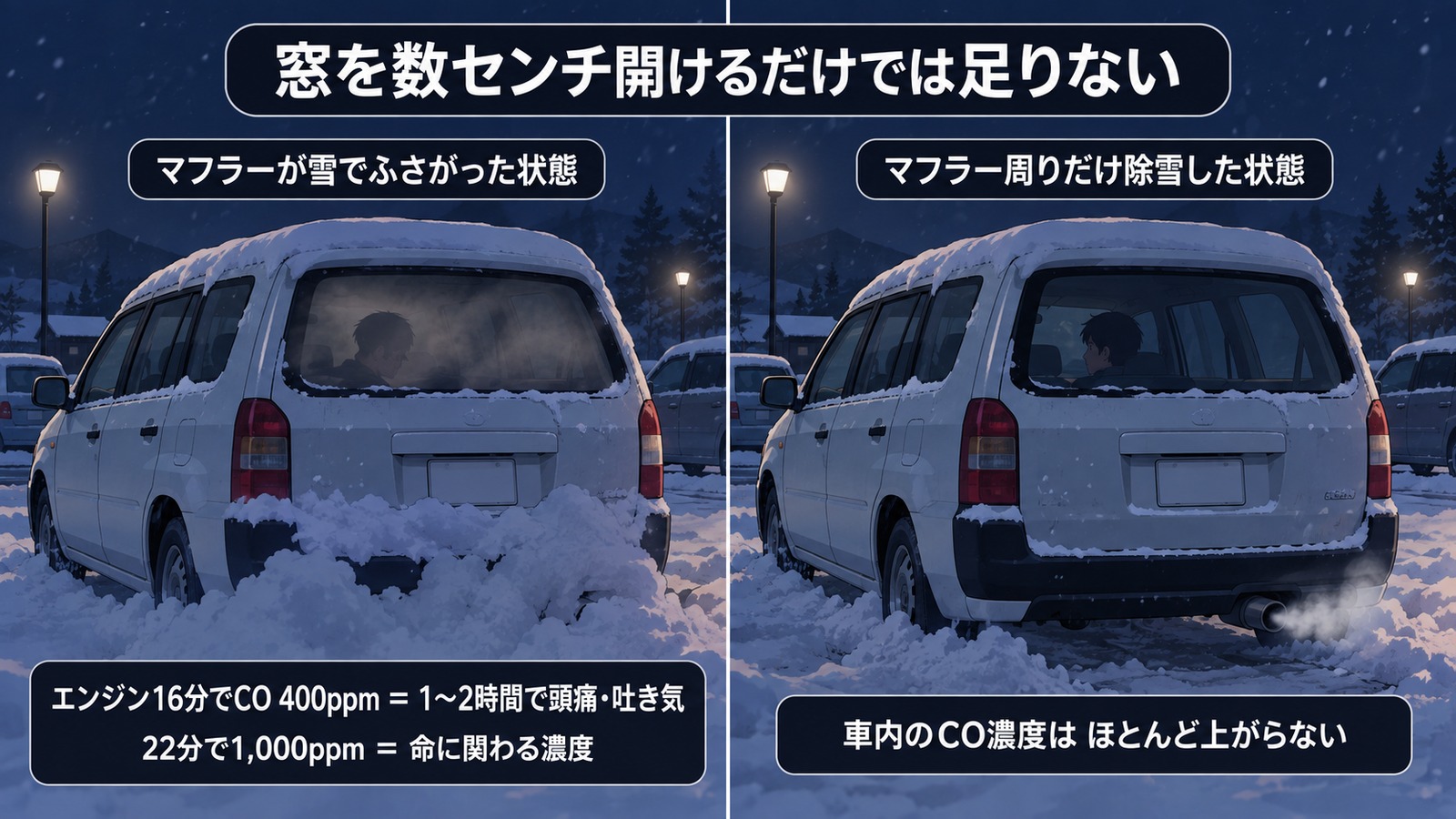 雪の駐車場に停まった車を後ろから見た左右比較。左はマフラーが雪でふさがり車内に煙が溜まった状態、右はマフラー周りだけ除雪して排気が外へ抜けている状態