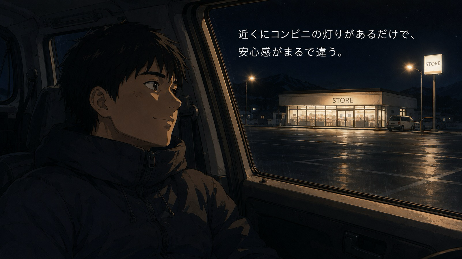 夜、車内から助手席側の窓越しに見える、無地の看板のコンビニ「STORE」の明るい光。運転席で外の灯りを見ながらほっとした表情の男性の横顔