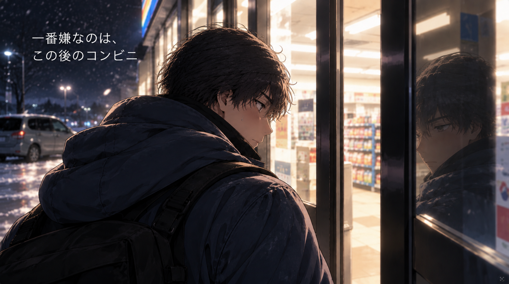 夜のコンビニの前で、店内に入る直前に自分の頭を気にして立ち止まる男性の姿