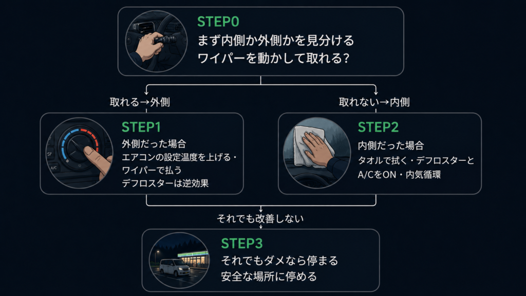フロントガラスの曇りへの対処フローチャート。STEP0で左手でワイパーレバーを操作して取れるか確認し、取れれば外側の曇りなのでSTEP1(エアコンの温度ダイヤルを高温側へ回す、ワイパーで払う、デフロスターは逆効果)、取れなければ内側の曇りなのでSTEP2(タオルで拭く、デフロスターとA/CをON、内気循環)。それでも改善しなければSTEP3でコンビニ駐車場など安全な場所に停まる