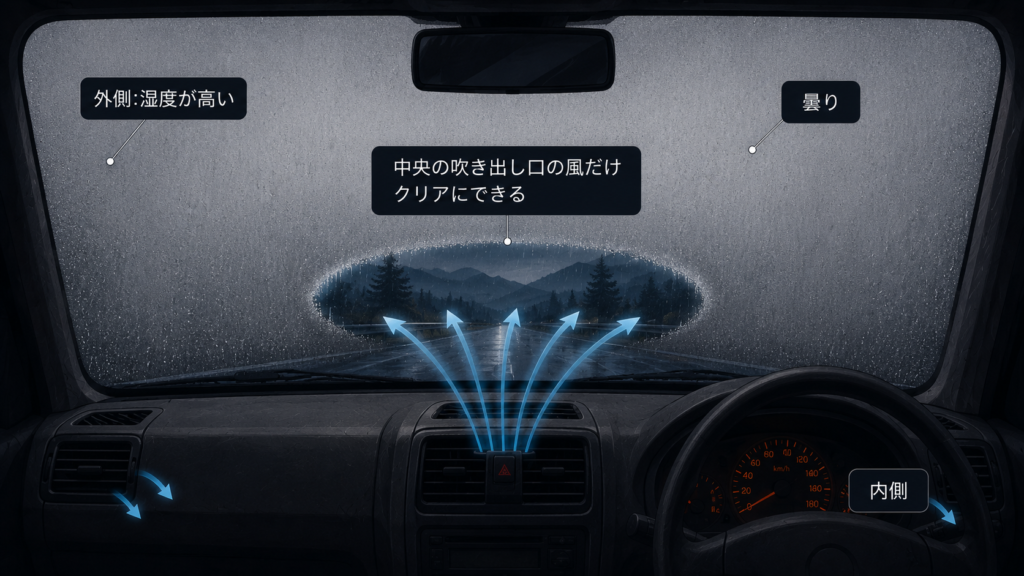 運転席からダッシュボード越しにフロントガラスを見た図。フロントガラス全体が曇っている中、中央の吹き出し口からの風だけがガラスに当たり楕円状にクリアになっている。左右の吹き出し口の風は運転席・助手席側に向かいフロントガラスには当たらない様子を示した図解