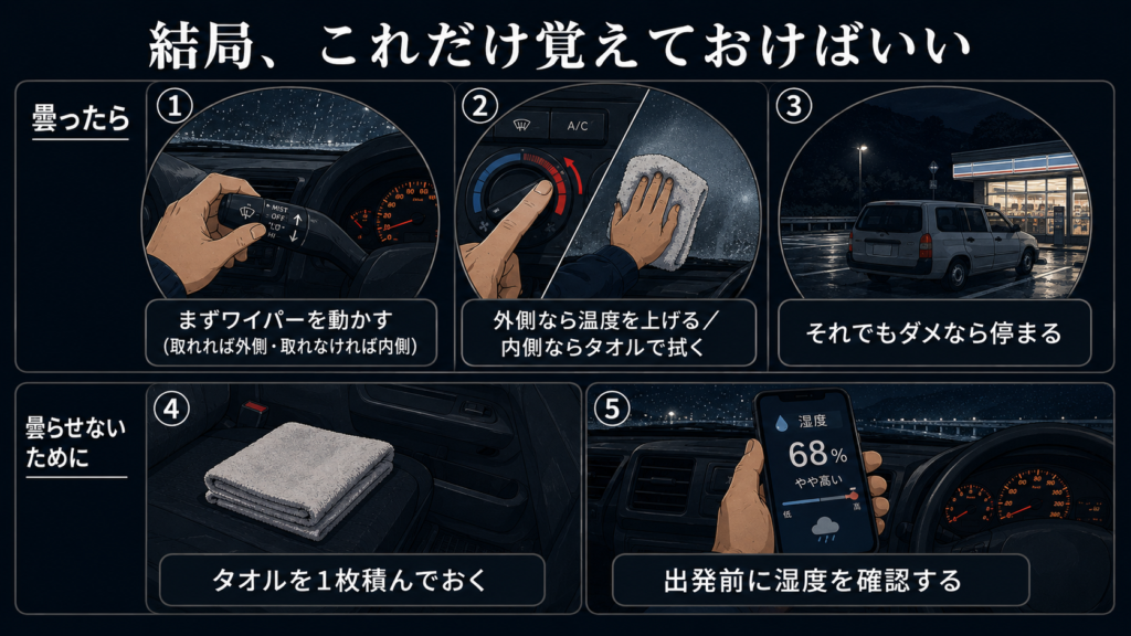 フロントガラスの曇り対処の結論をまとめた図解。曇ったら①まずワイパーを動かす(取れれば外側・取れなければ内側)②外側なら温度を上げる/内側ならタオルで拭く③それでもダメなら停まる。曇らせないために④タオルを1枚積んでおく⑤出発前に湿度を確認する