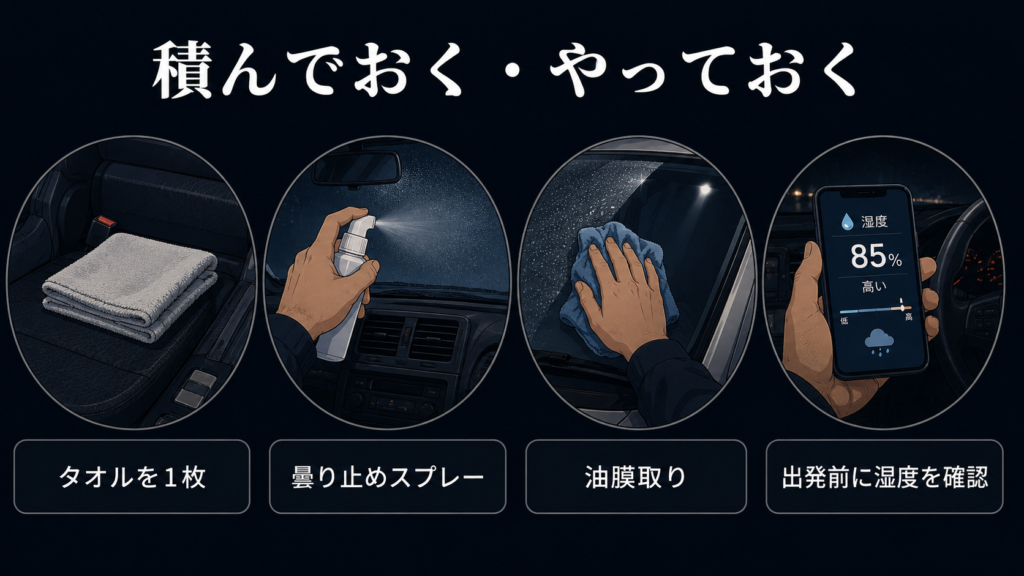 曇りを予防するための備えを並べた図解。タオルを1枚、曇り止めスプレー、油膜取り、出発前に湿度を確認