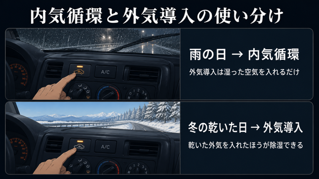 内気循環と外気導入の使い分けを上下で比較した図解。雨の日は内気循環(外気導入は湿った空気を入れるだけ)、冬の乾いた日は外気導入(乾いた外気を入れたほうが除湿できる)