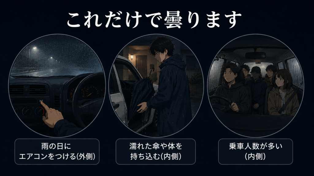 曇る条件を3つ並べた図解。雨の日にエアコンをつける(外側)、濡れた傘や体を持ち込む(内側)、乗車人数が多い(内側)
