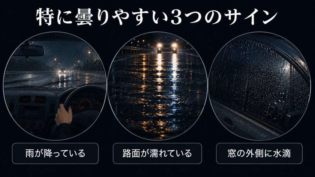 曇りやすさの高い3つのサインを並べた図解。雨が降っている、路面が濡れている、窓の外側に水滴