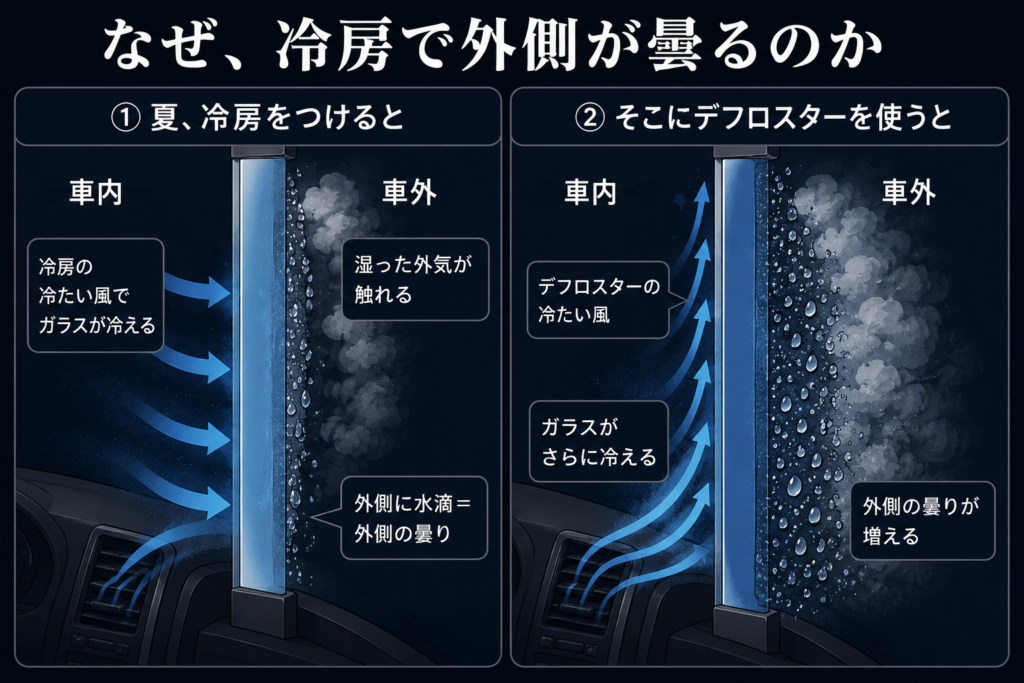 冷房で外側が曇る仕組みの断面図解。左は夏に冷房をつけると冷たい風でガラスが冷え、湿った外気が触れてガラスの外側に水滴がつく(外側の曇り)様子。右はそこにデフロスターの冷たい風を当てるとガラスがさらに冷えて外側の曇りが増える様子