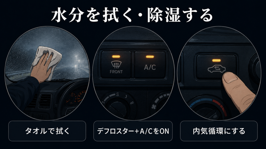 内側の曇り対策を並べた図解。タオルで拭く、デフロスター+A/CをON、内気循環にする