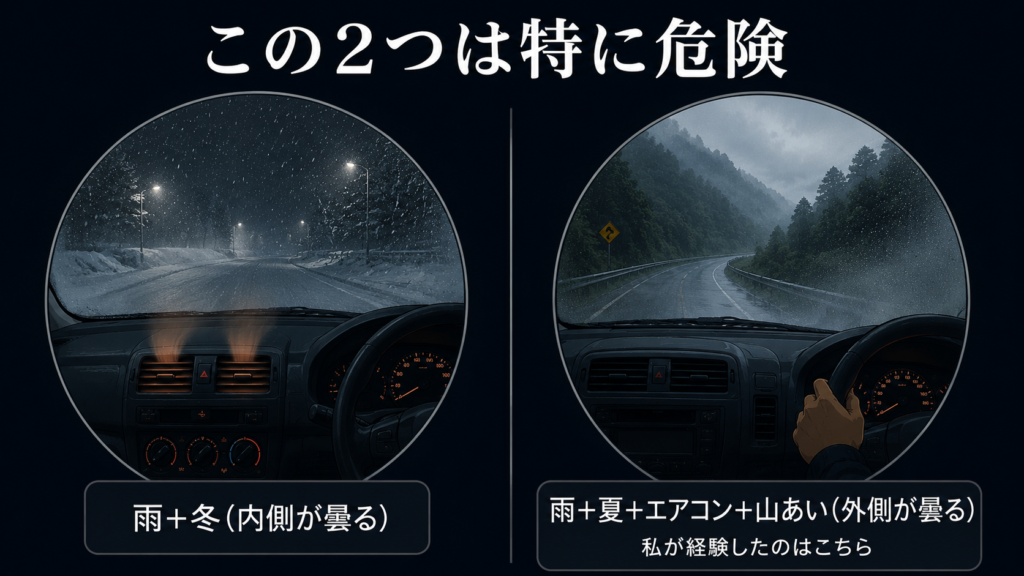 左右比較図解。左は雨+冬で内側が曇る様子(暖房の吹き出しと雪道)、右は雨+夏+エアコン+山あいで外側が曇る様子(私が経験したのはこちら)