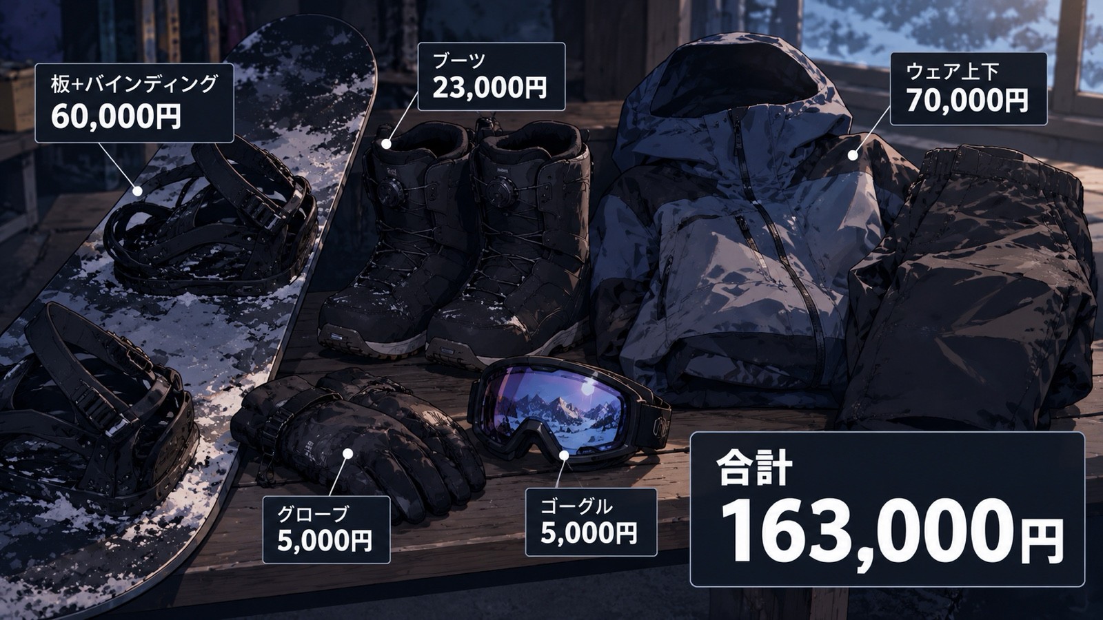 2年目に揃えたスノーボード道具一式の内訳図解。板+バインディング60,000円、ブーツ23,000円、ウェア上下70,000円、グローブ5,000円、ゴーグル5,000円、合計163,000円
