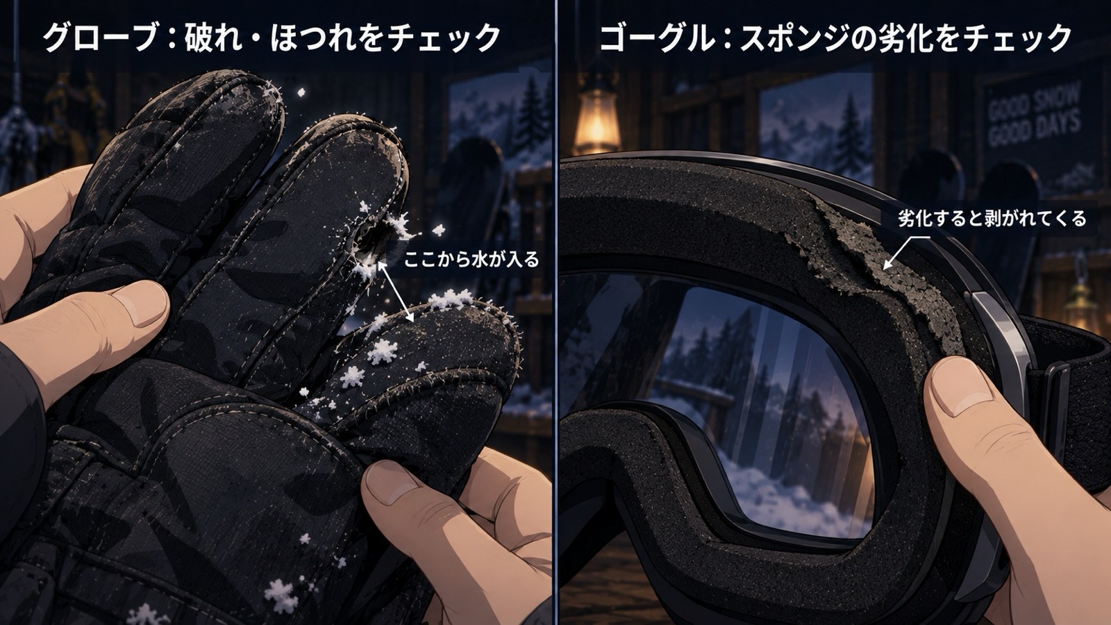 グローブの破れ・ほつれとゴーグルのスポンジ劣化のチェックポイント図解。左はグローブの指先の破れから雪が入り込む様子、右はゴーグルの顔に密着するスポンジ部分が縁からめくれて剥がれかけている様子