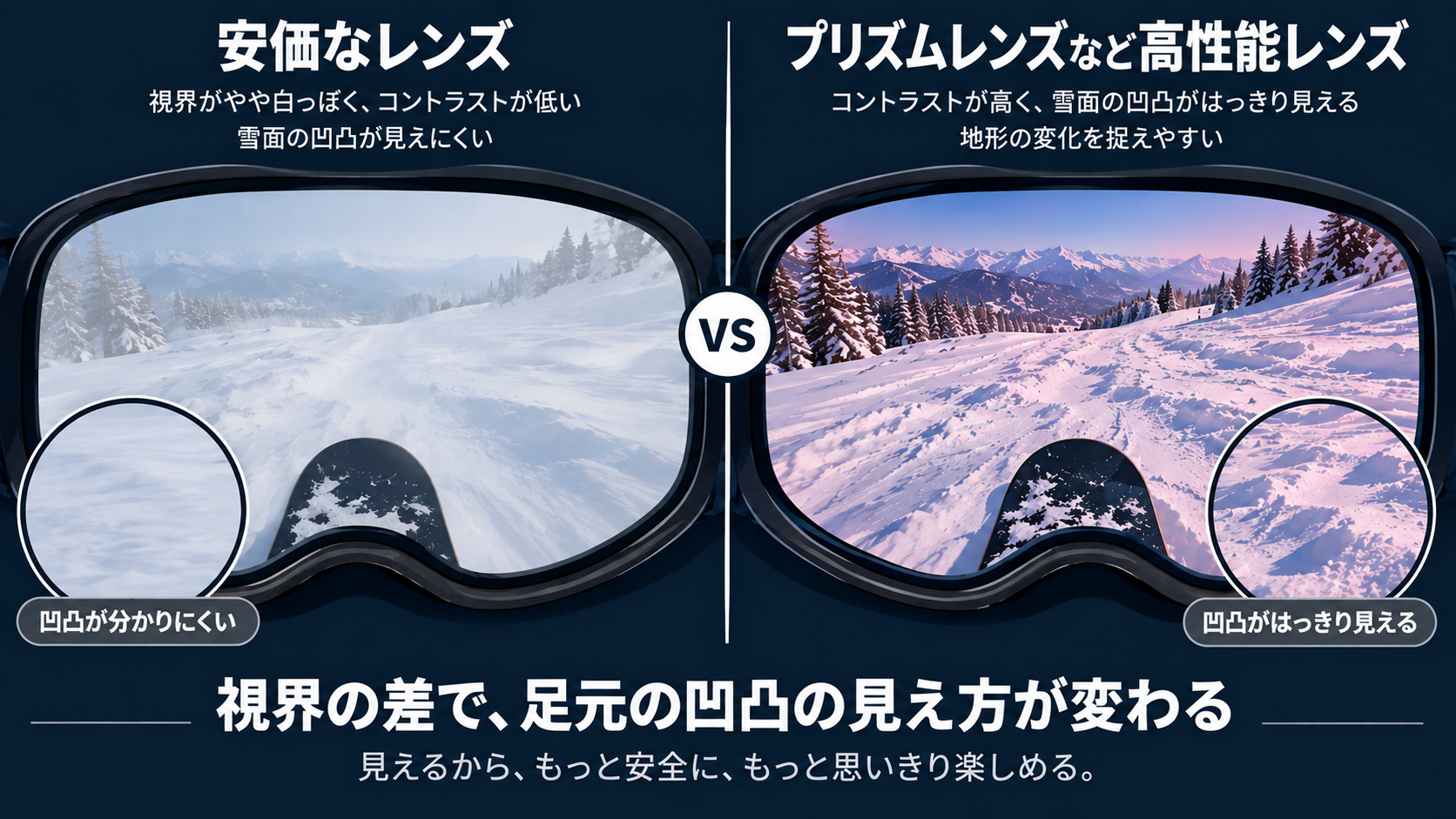 安価なレンズとプリズムレンズなど高性能レンズの視界の違いを比較した図。左は雪面の凹凸が見えにくく、右ははっきり見える