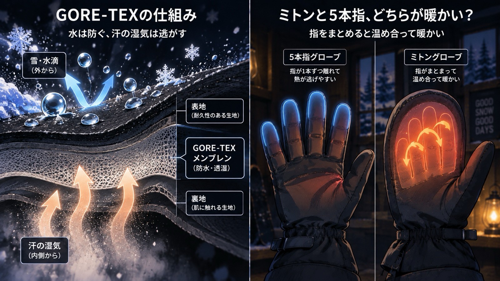 GORE-TEXの仕組みとミトン・5本指グローブの保温性比較図解。左はGORE-TEXの3層構造(表地・GORE-TEXメンブレン・裏地)で外側の雪や水滴を防ぎながら内側の汗の湿気を逃がす仕組み、右は5本指グローブ(指が離れて熱が逃げやすい)とミトングローブ(指がまとまって温め合い暖かい)の比較