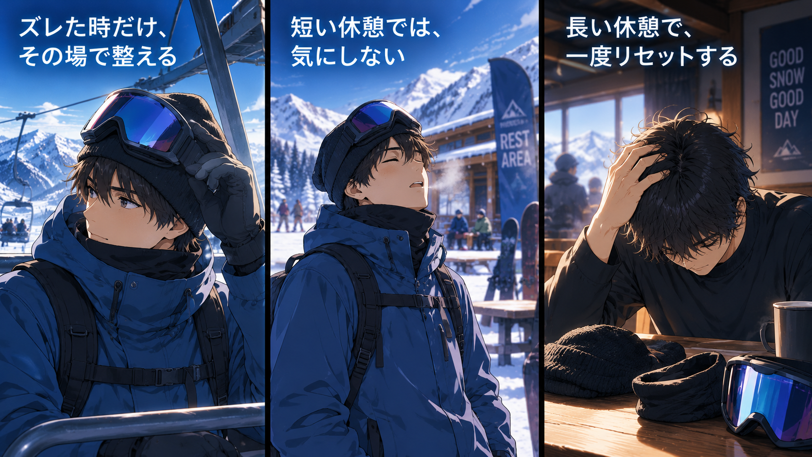 リフトの上でビーニーがズレた時だけその場で整える場面、短い休憩ではそのまま気にしない場面、長い休憩でビーニーとフェイスマスクを脱いで頭を下げ手ぐしでほぐす場面の3コマ