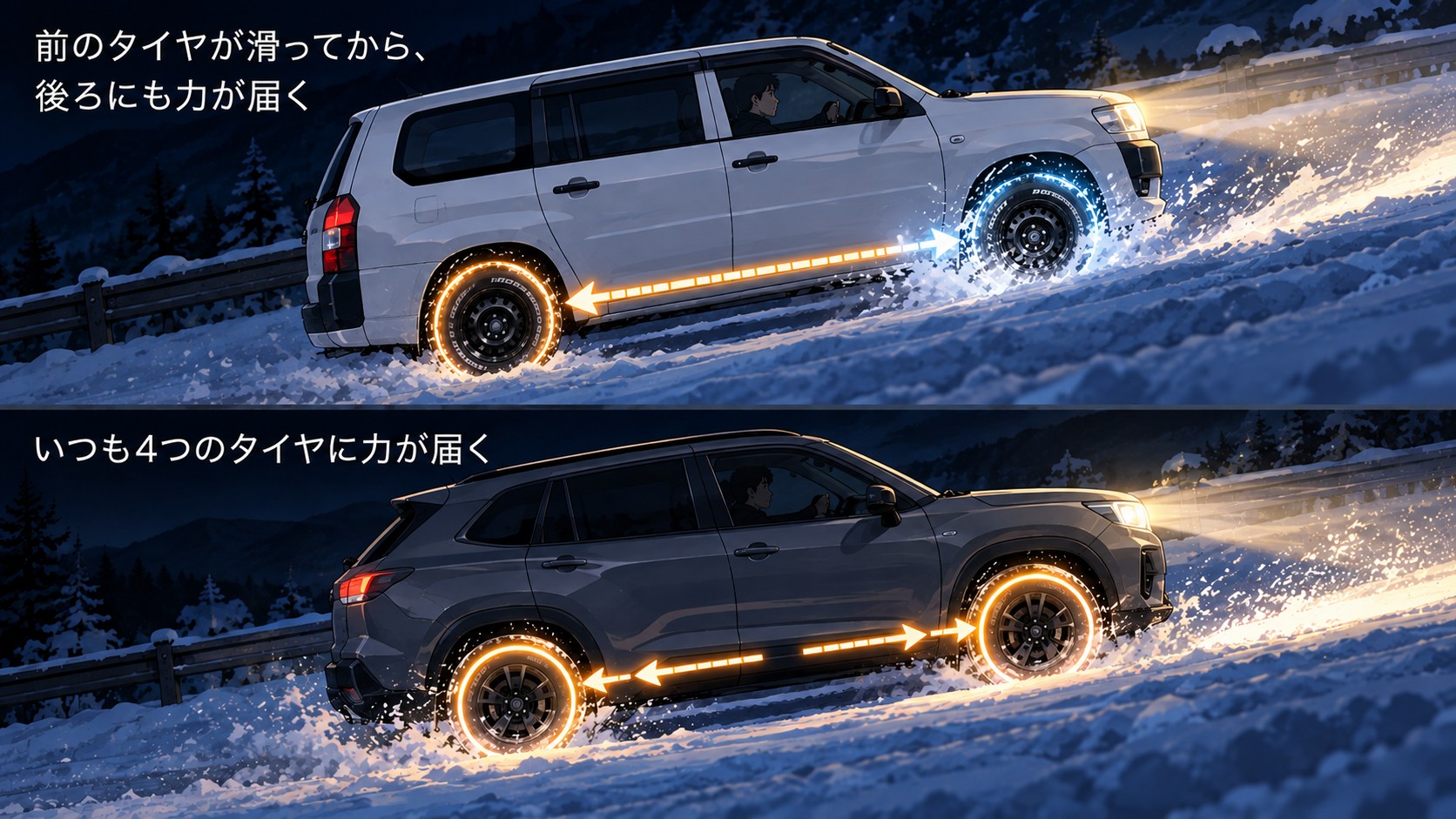 4WDの2つの仕組みの比較図。上は白いプロボックスが夜の雪の坂道を登る場面で、前のタイヤが空転して雪を跳ね上げ、そこから車体の下を通って後ろのタイヤへ力が送られる様子。下はSUVの4本のタイヤすべてが最初から光り、いつも4つのタイヤに力が届いている様子