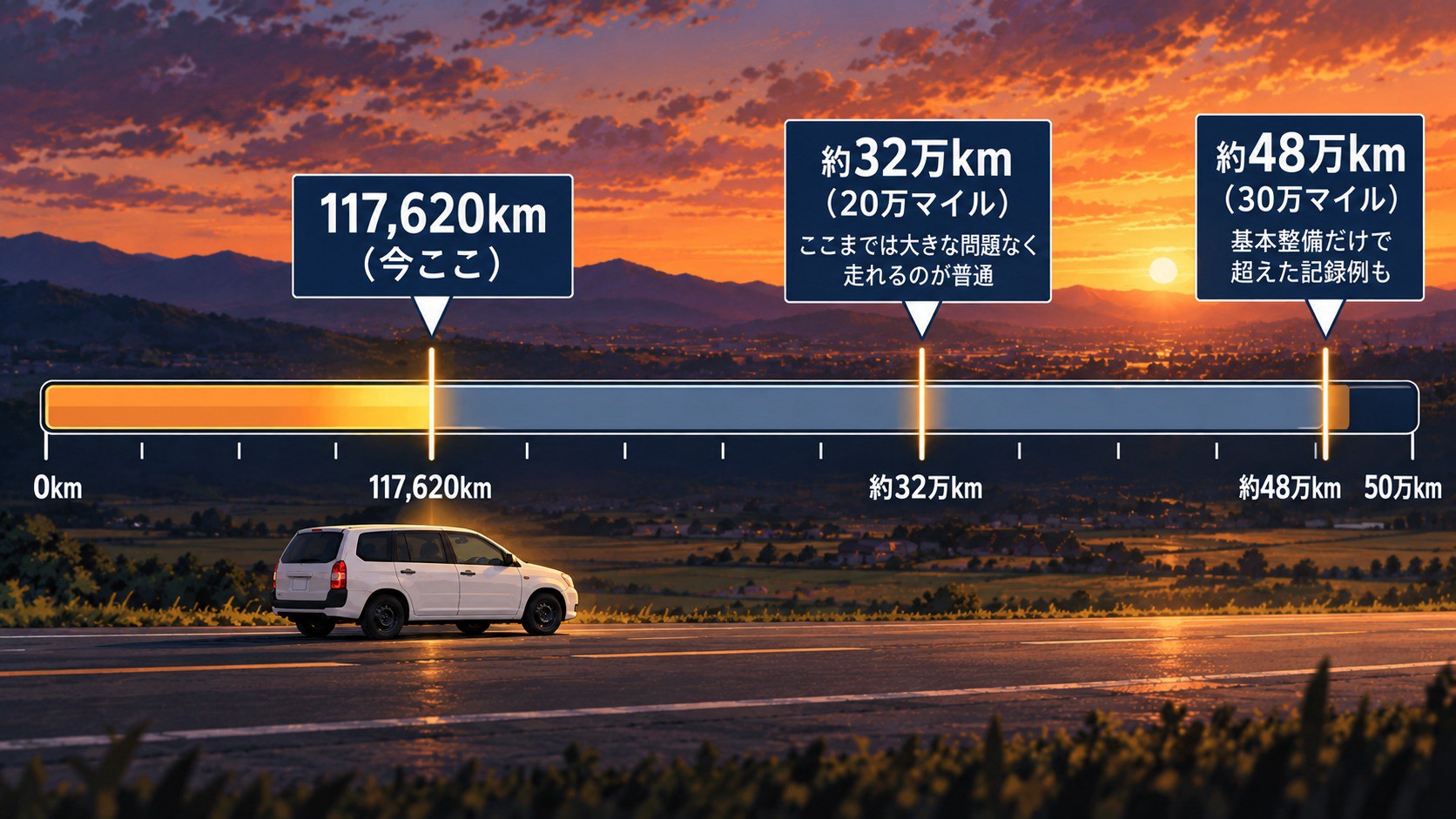 プロボックスの走行距離117,620kmから、20万マイル(約32万km)・30万マイル(約48万km)までの距離を示した横棒グラフ