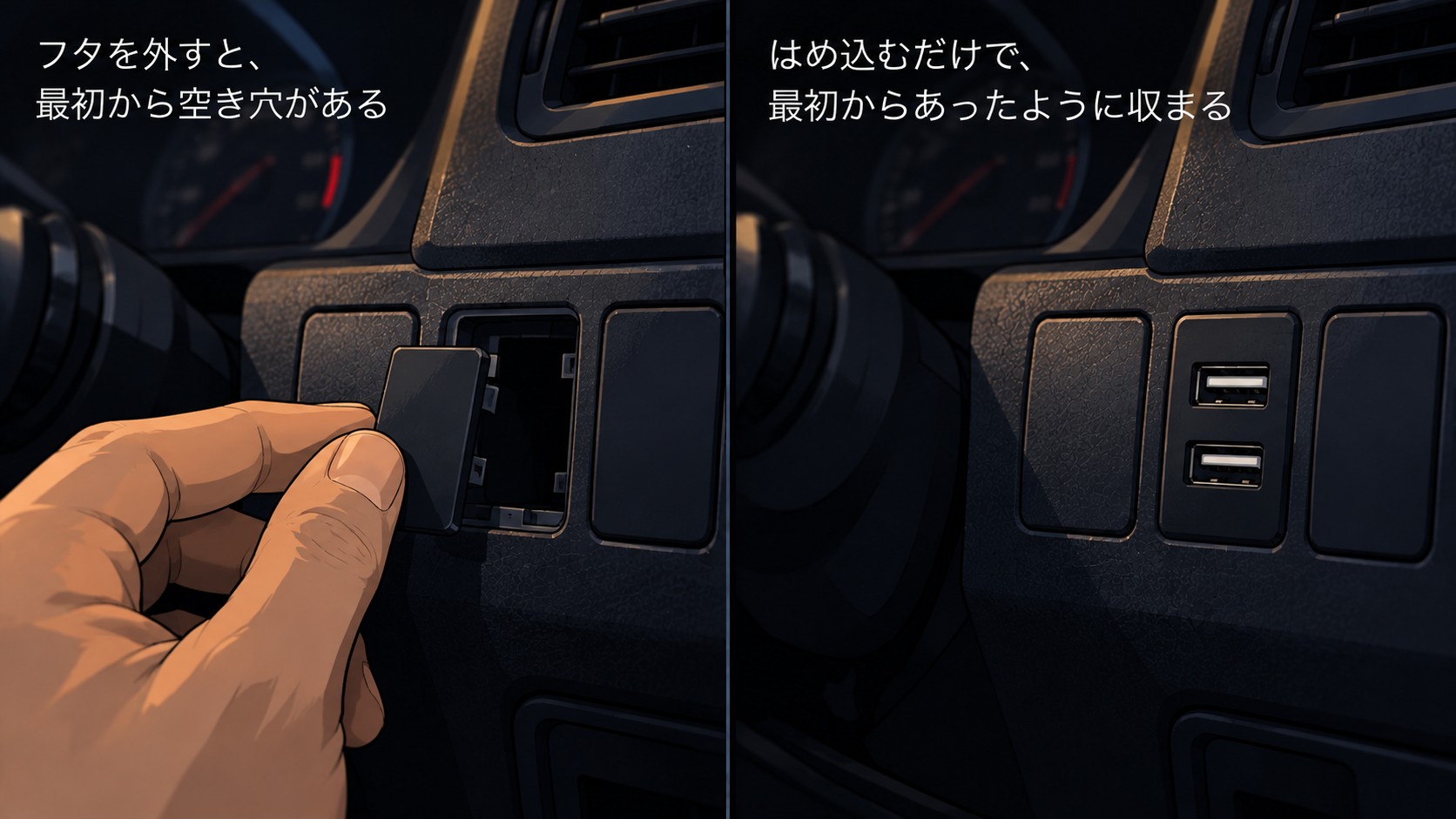 メーター右側の空きスイッチホールにUSBポートを取り付ける前後の比較。左は空き穴からフタを外している手元、右はUSBポート2口がぴったり収まっている様子