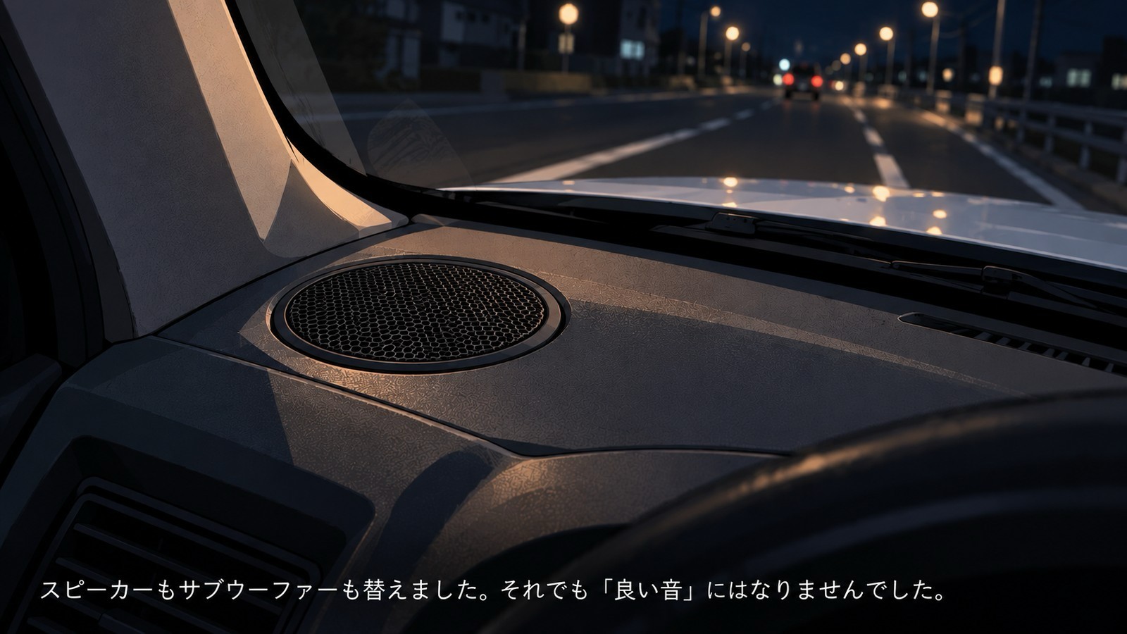 プロボックスのダッシュボード上にある純正スピーカーのグリルとフロントガラス越しの夜の道。「スピーカーもサブウーファーも替えました。それでも『良い音』にはなりませんでした」のナレーション付き