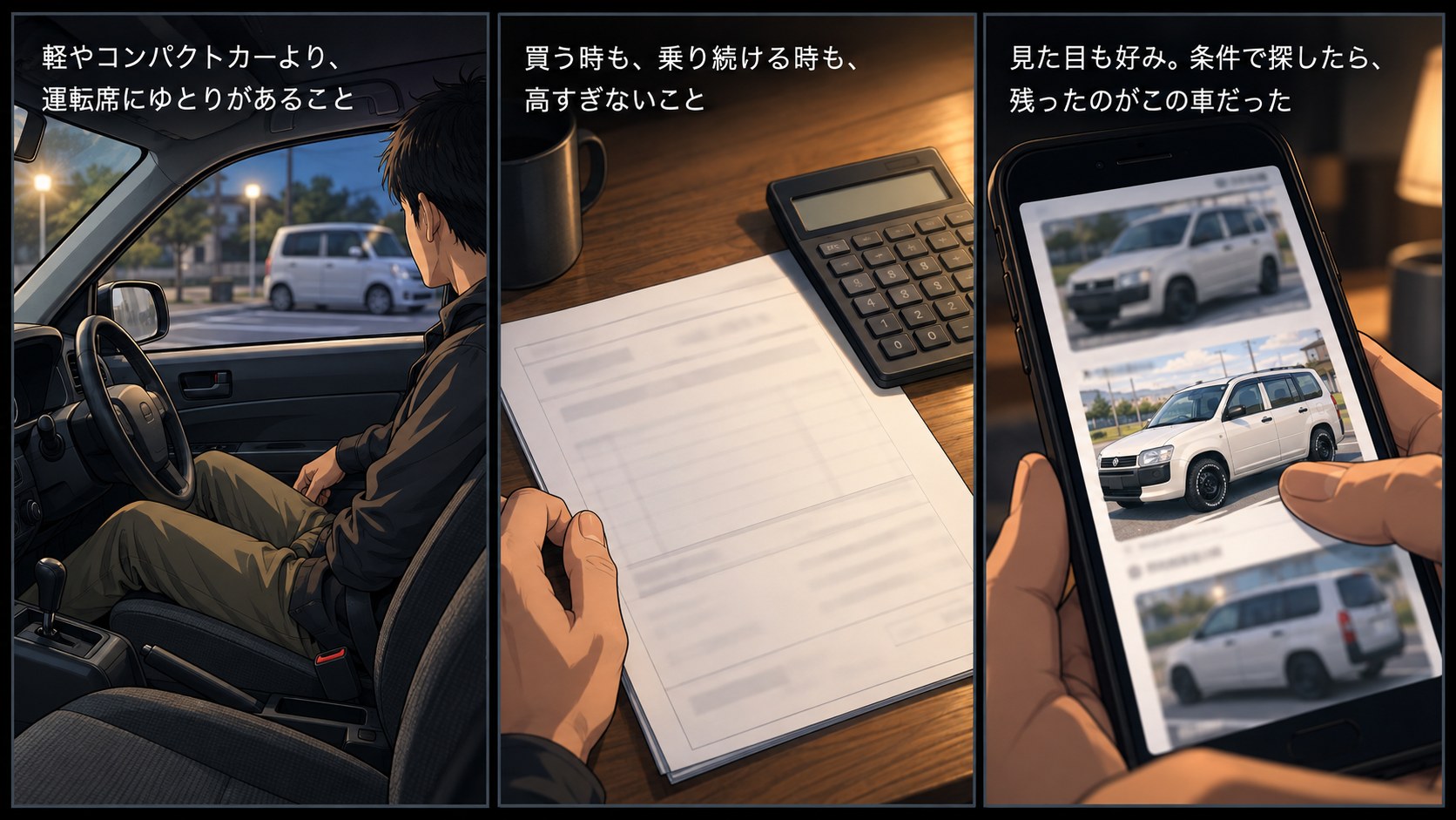 プロボックスを選んだ判断基準の3コマ。運転席に座って軽やコンパクトカーよりゆとりがあることを確かめる場面、見積書と電卓で購入費と維持費が高すぎないかを確かめる手元、スマホの中古車検索で白いカスタムのプロボックスに指が止まる場面